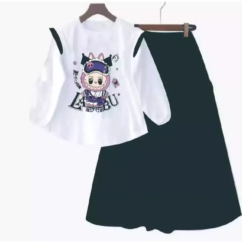 SETELAN ROK LABUBU & KUROMI SET ANAK PEREMPUAN TERBARU BAHAN CRINCLE AIR FLOW USIA 3-12 TAHUN FASHION 2024 1