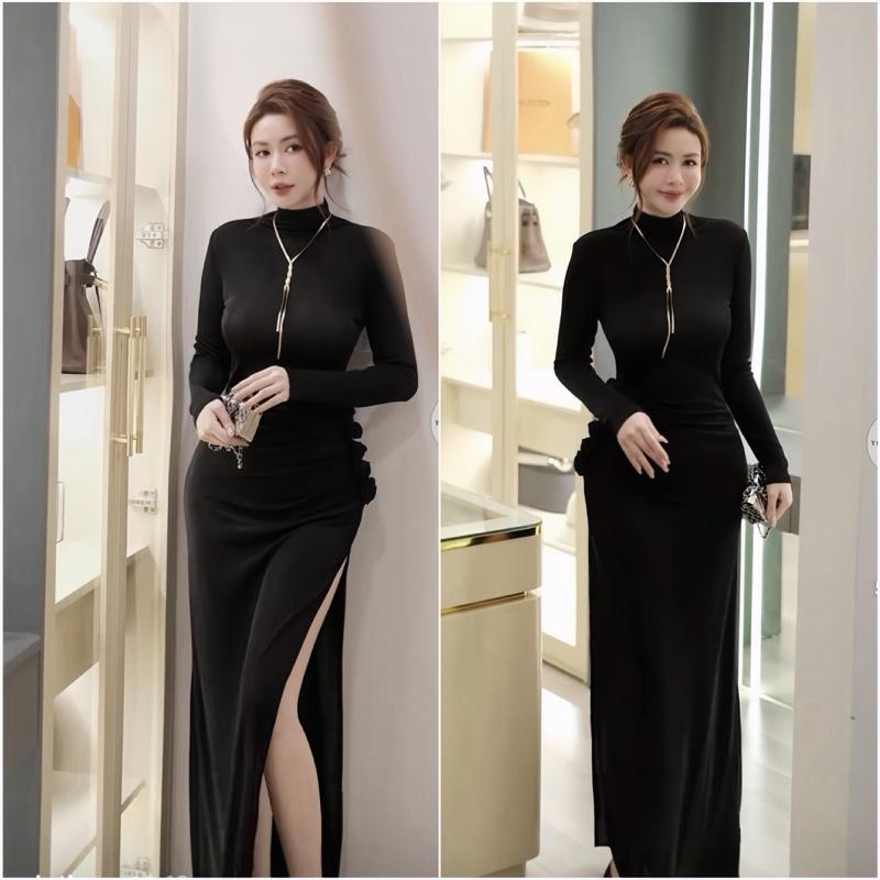   Kèm 6 tag hoa  Đầm body dự tiệc xẻ tà phối hoa eo Y68  xẻ phải  dáng dài tay dài xếp ly eo cổ cao sang trong - đi tiệc đi cưới đi hẹn hò - Akara Closet 