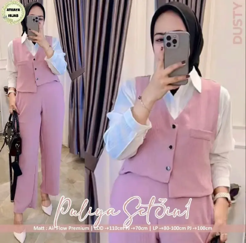 PULIYA SET CRINKLE AIRFLOW TERBARU SETELAN  CELANA DAN KEMEJA ROMPI VEST WANITA KEKINIAN 2