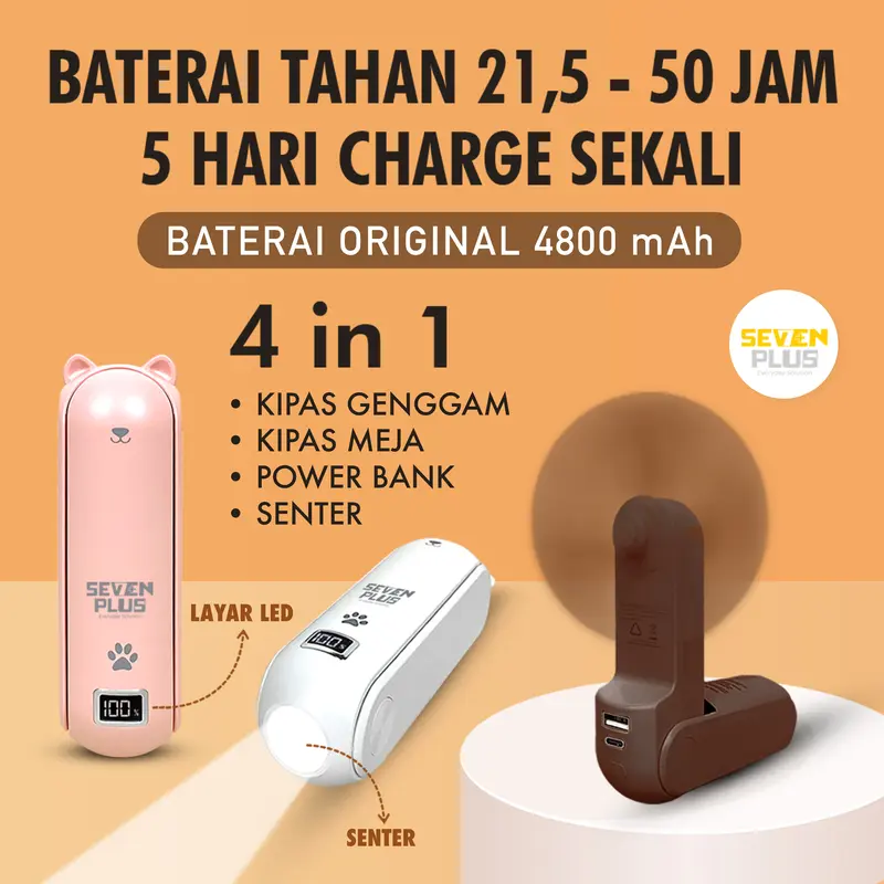 Seven Plus Kipas Angin Mini Portable Original 4800mAh Layar LED Multifungsi 4 in 1 kipas angin kecil portable fan mini pocket fan kipas angin lipat kipas angin meja kipas angin super mini premium berkualitas kipas angin tahan lama rechargeable fan 0