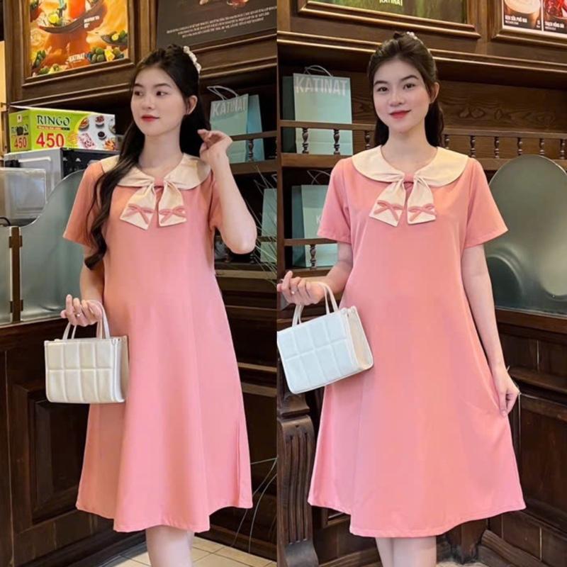 Đầm bầu suông cổ sen thắt đính nơ nhỏ form suông thanh lịch cho mẹ mang bầu và sau sinh .