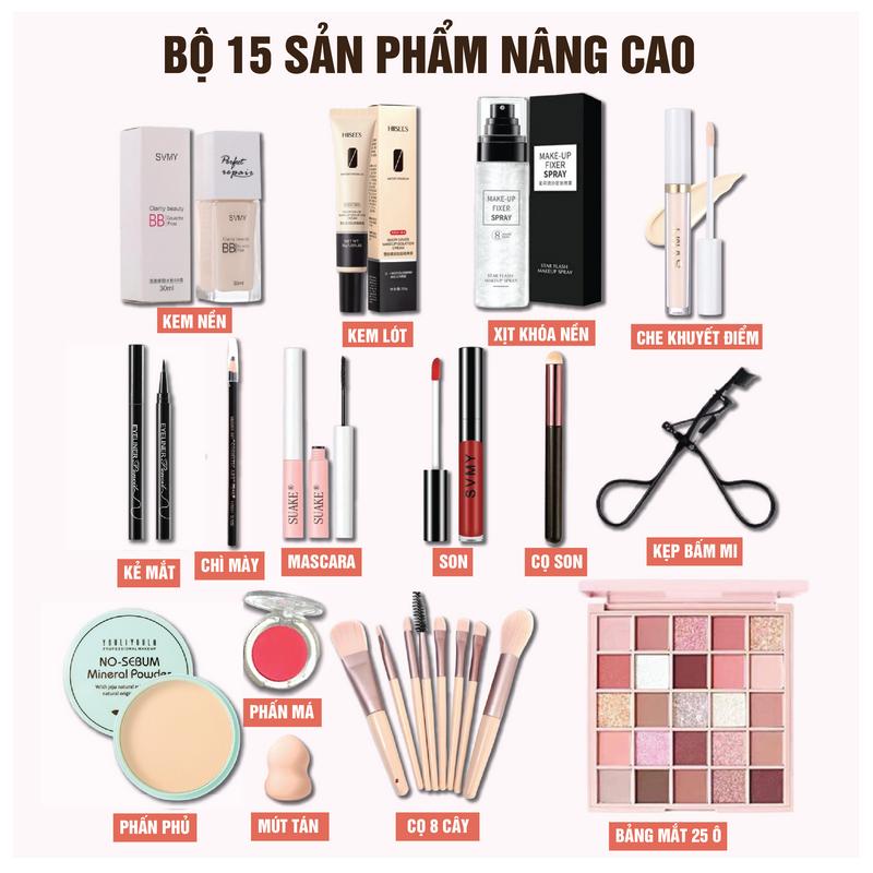 [DEAL HOT] Bộ 15 và 10 sản phẩm trang điểm makeup đầy đủ nâng cao MiuCosmetics cho người mới tập makeup có kem nền mềm mịn che khuyết điểm, bảng mắt 25 ô bling, phấn phủ kiềm dầu...