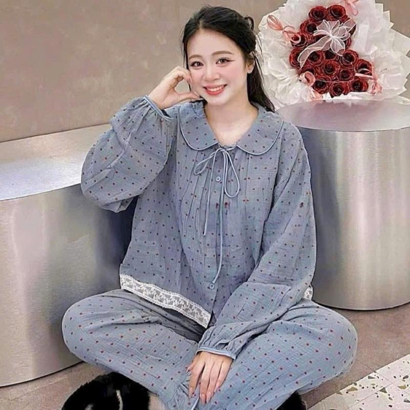 Sét bộ ngủ pijama tiểu thư chất xô muslin mềm mại thấm hút freesize 40-60kg - Nữ - Women Nhung Kem Thun Voi Tim Áo do boxinh