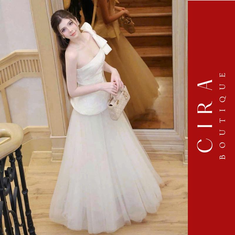 Cira Boutique Set Áo Lệch Vai Đính Nơ Kèm Chân Váy Lưới Sang Trọng Nữ Tính D1222