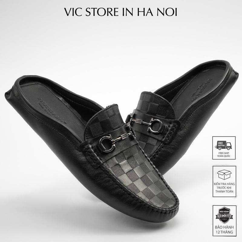 Giày Sục Nam Hoạ Tiết Caro Da Bò Cao Cấp- Đơn Giản Dễ Phối S-3738 ĐEN