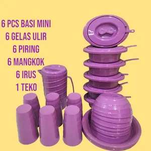 SET 31 PCS ( 6 BASI MINI , 6 GELAS ULIR, 6 MANGKOK, 6 PIRING, 6 IRUS , 1 TEKO) Mangkuk Kitchenware Plastik Dapur
