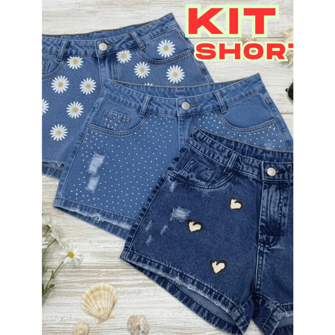 Kit 3 Shorts Jeans Feminino Cintura Alta Estampado Fashion
