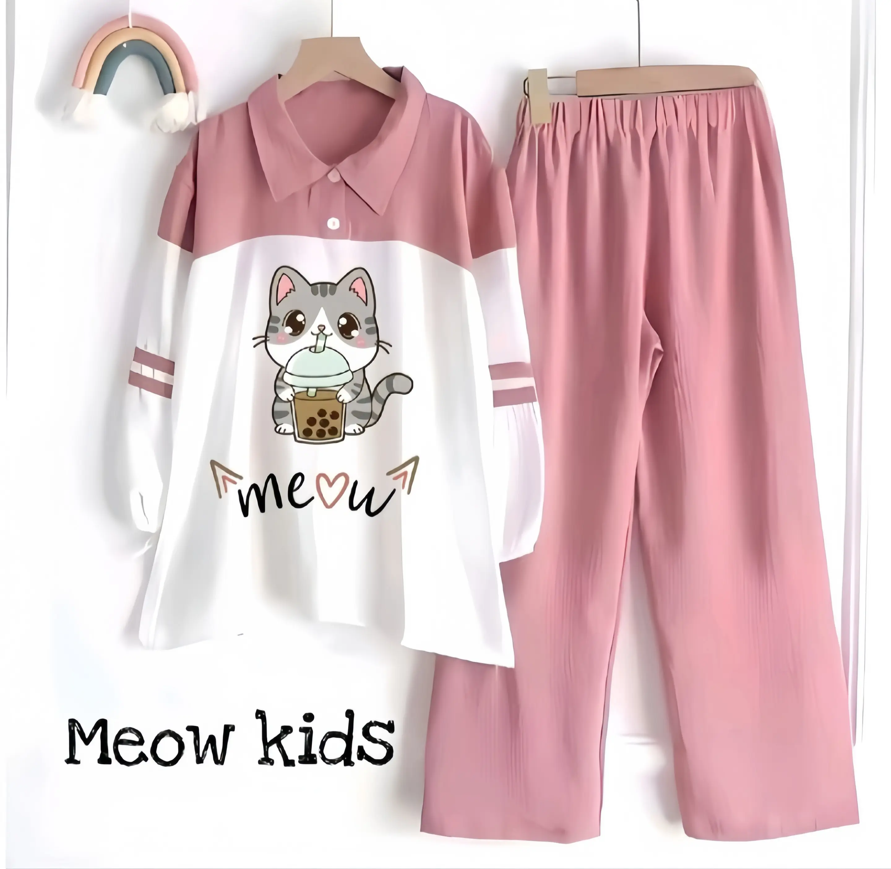 Setelan Anak Perempuan KUCING MEOW Lengan panjang Usia 3 - 11 tahun stelan anak perempuan   tanggung Baju Celana Kids