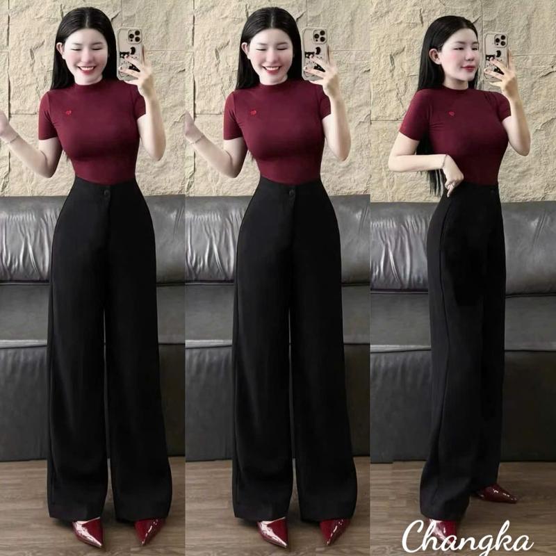 Quần tây ống suông nữ lưng cao công sở Đi học làm dáng dài có Đỉa khóa kéo màu Đen kiểu Quần vải ống rộng cạp cao chất vải mềm quần  ống  rộng  vải  mềm  nữ