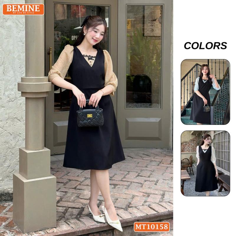 Đầm thiết kế BEMINE cổ vuông phối ren thêu hoa tay lửng dáng chữ A phù hợp đi làm-MT10158