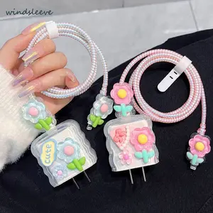 Pelindung Kabel Charger Set 5 PCS Charger bunga adaptasi Ipone 18W&20W Pelindung Kabel Data Kepala Charger cute aesthetic-Win