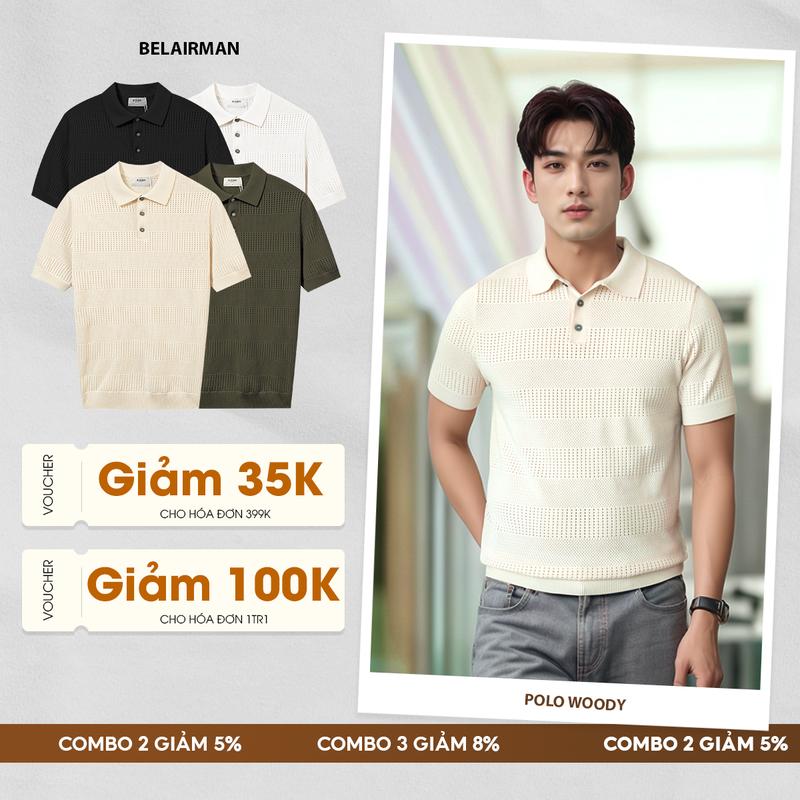  Áo Polo Nam BELAIRMAN WOODY Dệt Kim Classic Thanh Lịch Sang Trọng Menswear Có Cổ - PLSN0131 Shirt Kem 