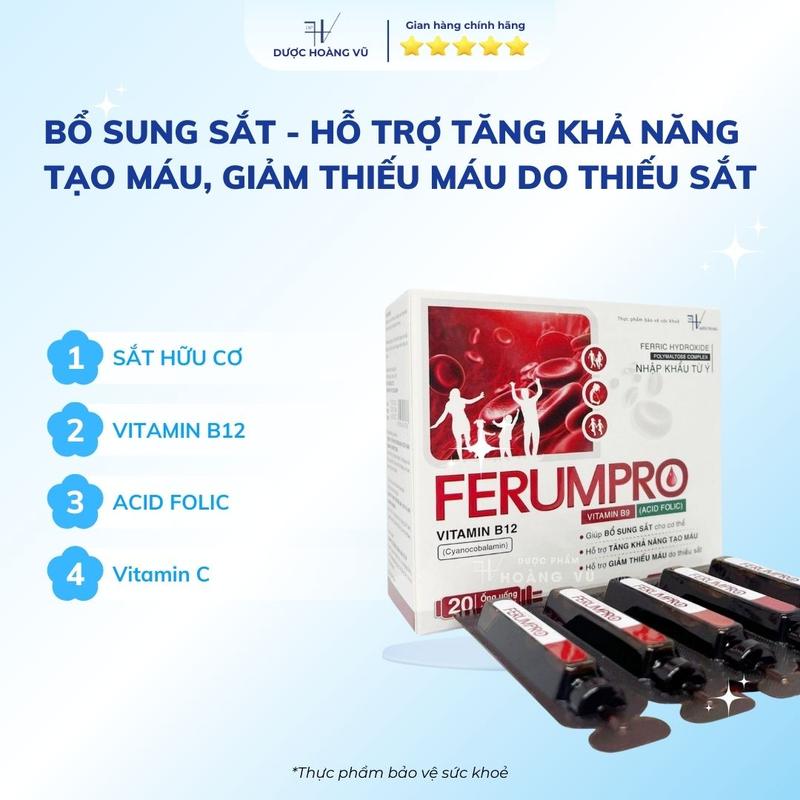 [DHV] COMBO 2 HỘP | Bù lại máu sau sinh FERUMPRO | Sắt hữu cơ không tanh, hấp thu nhanh, hỗ trợ tăng khả năng tạo máu - Kết hợp Vitamin C, B9, B12 | Hộp 20 ống 3