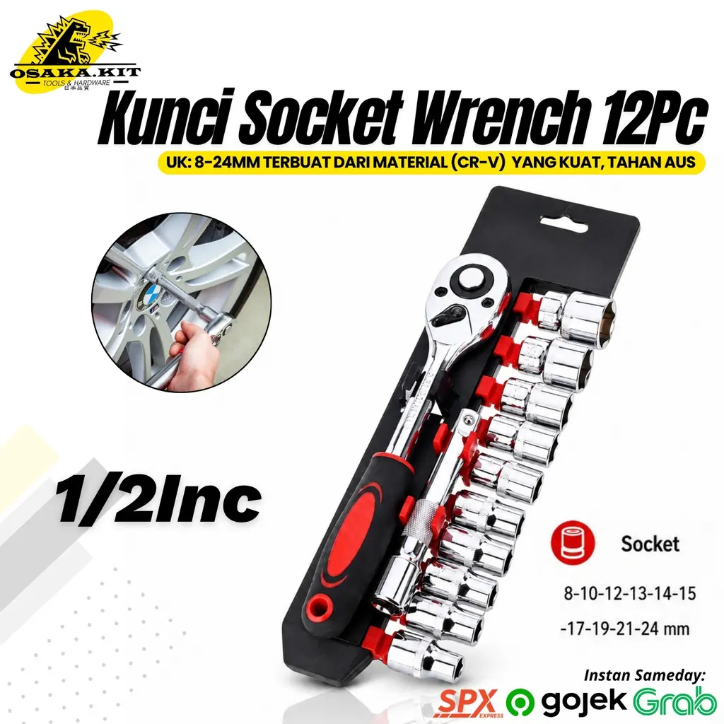 Kunci shock set 12Pcs 4-24mm 1/2''-1/4'' kunci Socket Motor Lengkap Socket tool CR-V Kunci shock Wrench set lengkap