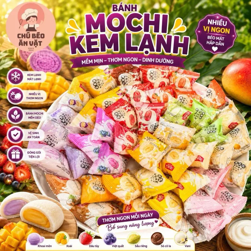 1kg Bánh Mochi Kem Lạnh Có 13 Vị: Đậu Nành, Bơ, Xoài, Đào, Khoai Môn, Sầu Riêng, Socola, Chuối, Cam, , Việt Quất, Chanh Dây [NGÀY IN TRÊN BÁNH LÀ NGÀY SẢN XUẤT-HSD: 180 NGÀY] Food Ăn Vặt Thức Ăn Cake live bánh trung thu