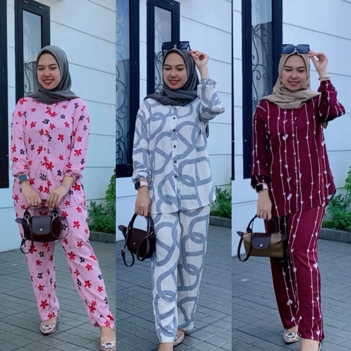 Iqena- Oneset Rayon Lengan Panjang Piyama Motif Setelan Wanita