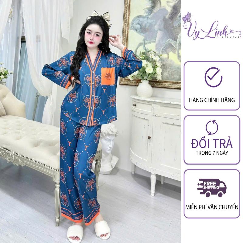 Bộ Đồ Ngủ Dài Cổ Y Dành Cho Nữ Hoạ Tiết Dễ Thương Chất Liệu VảI Lụa Latin Cao Cấp S1081-3