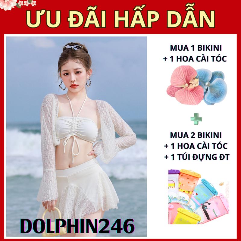 Bikini set đồ bơi 3 mảnh đi biển nữ áo choàng dài tay chống nắng chân váy liền kín đáo xòe sexy quyến rũ chữ A 22008 F-13.1