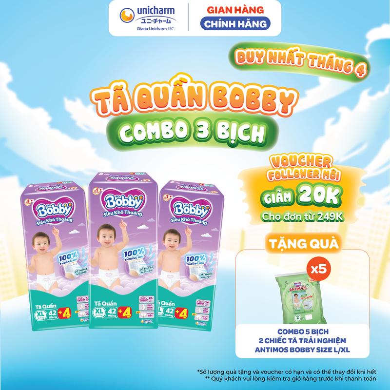 [TẶNG KÈM 12 MIẾNG ] Combo 3 Tã quần Bobby Siêu Khô Thoáng - 100% Thoáng Khí size M 58 miếng/ Size L 48 Miếng/ size XL 42 miếng/ XXL 38 miếng/ XXXL 29 miếng bỉm