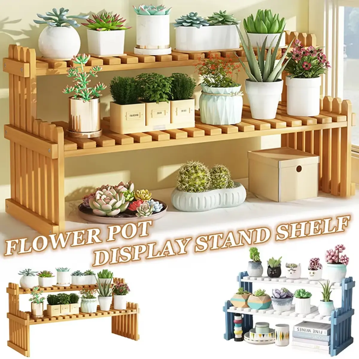 2 Tiers 27CM Bamboo Plant Stand Shelf,Desk Flower Pot Holder,Adjustable Desktop Shelf Display Organizer Ladder Rack For Office Decorate Storage Rack,Kitchen rack