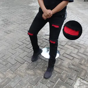 Celana Bikers Pria Tambal LEATHER PATCH / Celana Panjang Jeans Pria Pakai Lapisan LEATHER PATCH MERAH