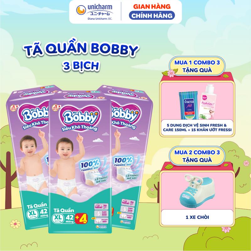 [Mua 1099k tặng ghế] [TẶNG KÈM 12 MIẾNG ] Combo 3 Tã quần Bobby Siêu Khô Thoáng - 100% Thoáng Khí size M 58 miếng/ Size L 48 Miếng/ size XL 42 miếng/ XXL 38 miếng/ XXXL 29 miếng bỉm