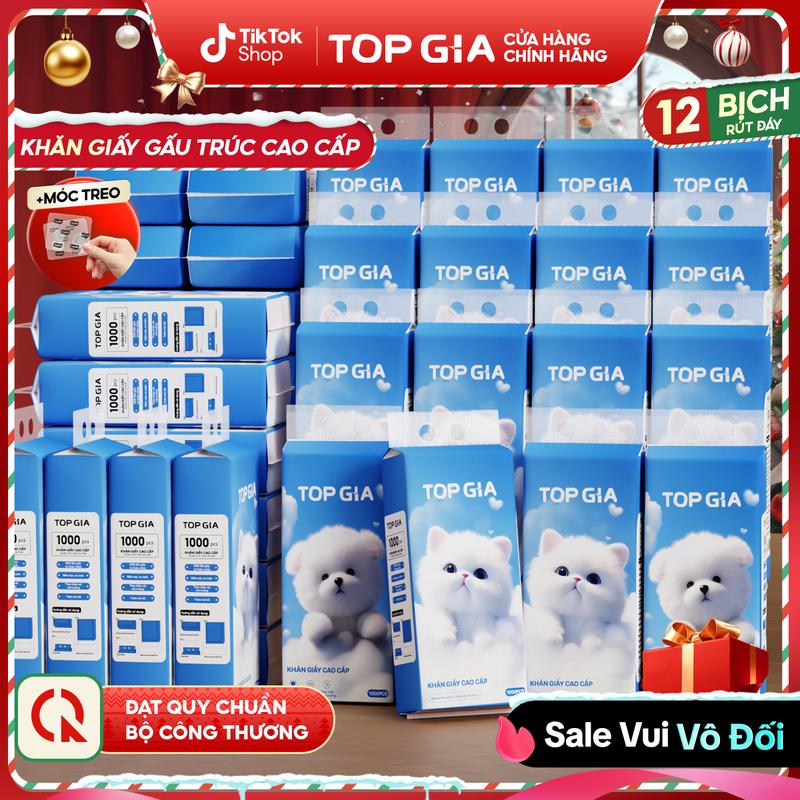   COMBO SIÊU ĐẠI - 12 BỊCH  Thùng 12 bịch Khăn Giấy Rút Đáy GIA GIA TOPGIA 4 lớp mềm mịn 1000 tờ bịch làm từ bột gỗ tự nhiên an toàn ĐẠT QUY CHUẨN BỘ CÔNG THƯƠNG tặng kèm 4 móc treo tiện lợi  vtg68  #topgia #giayrut #giaytopgia 