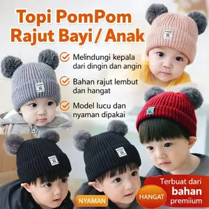 Topi Rajut Pompom Bulu Anak / Topi Kupluk Wool Rajut Hangat Bayi / Topi Anak Unisex