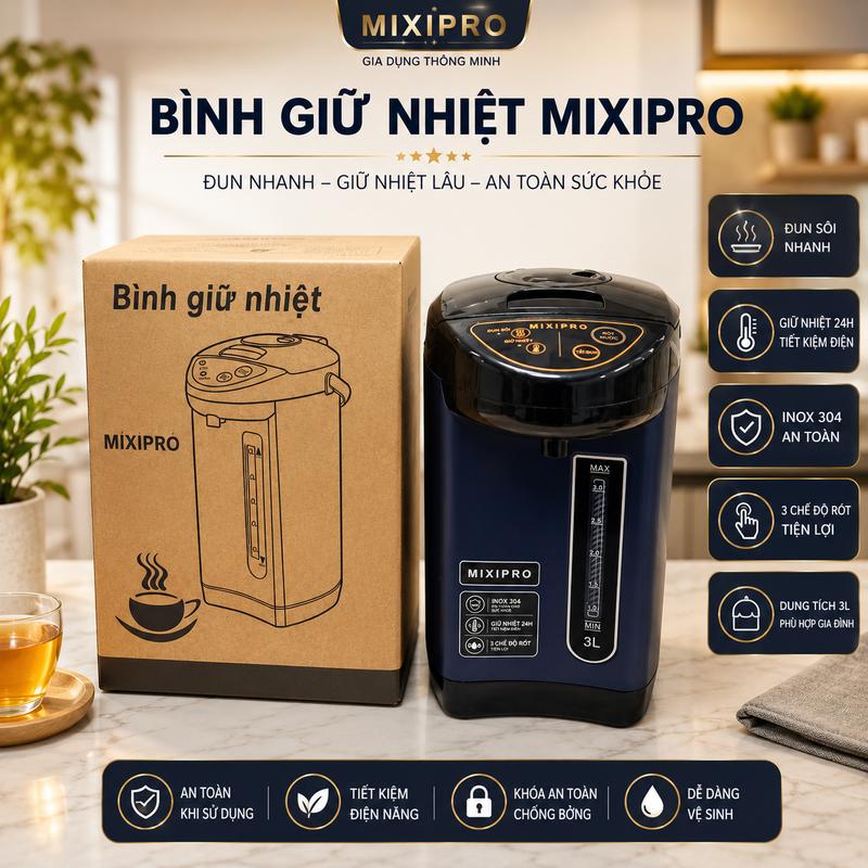 Bình Thủy Điện MIXIPRO 3L Inox 304 – Bình Đun Nước Giữ Nóng 24H, 3 Chế Độ Rót, Khóa An Toàn