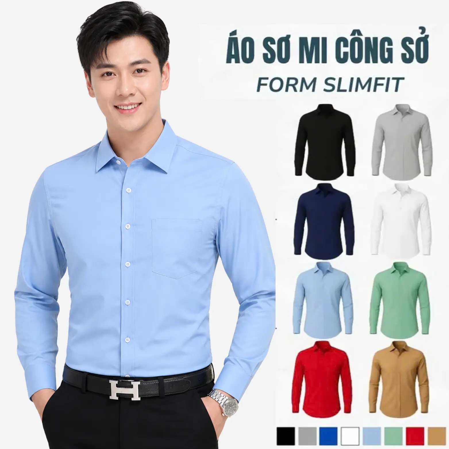 Áo Sơ Mi Nam Tay Dài Chất Lụa Chéo Form Đẹp Chống Nhăn Dễ Ủi Bảng Màu Basic Dịu Nhẹ Kiểu Dáng Cổ Đức Menswear Shirt