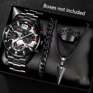 Jam Tangan Kuarsa Tipe Bisnis Pria Tali Baja Tahan Karat Dial Besar Dengan Kalung Gelang