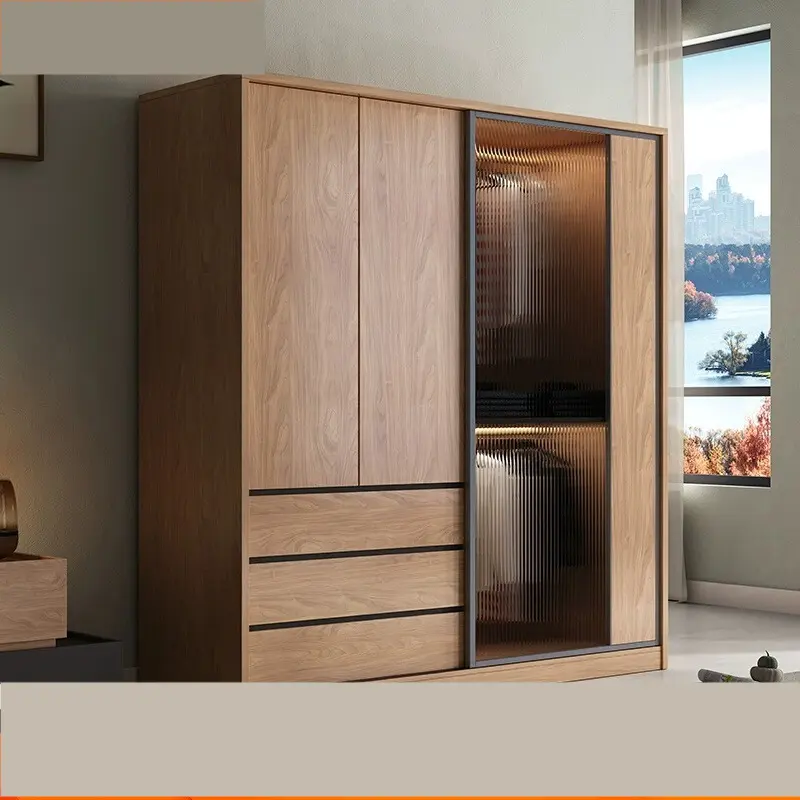 【Pre-order】Modern light luxury sliding door wardrobe home bedroom simple small apartment net red large capacity solid wood color glass wardrobe
