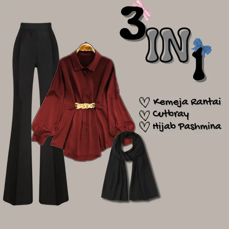 Oneset Wanita Kekinian Oneset Korean style 3in1(Blouse+Cutbray+Hijab)074 0