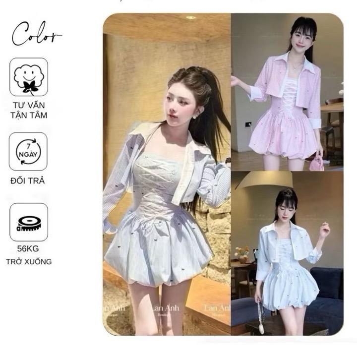 ( có bigsize-DEAL MỞ BÁN - tặng kèm khoác ) SET ĐẦM BÍ CÚP SỌC XANH BIỂN DỄ THƯƠNG THANH LỊCH by Tường Vy Shop