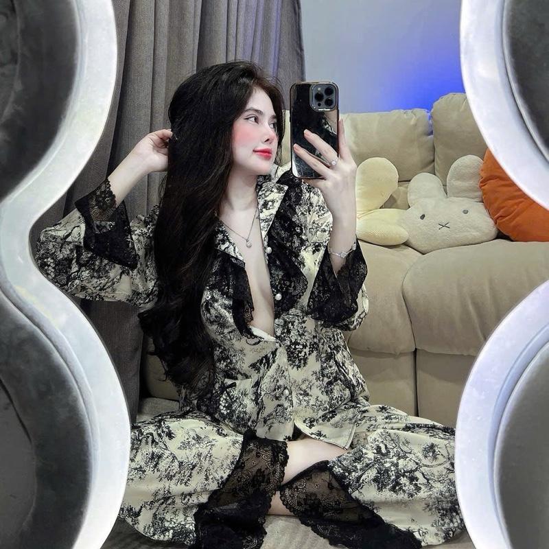 Sét bộ ngủ pijama phối ren tiểu thư hoạ tiết siêu sang lụa latin mềm mịn mát freesize 40-60kg Nhung Voi Women Nữ Áo Nho Kem