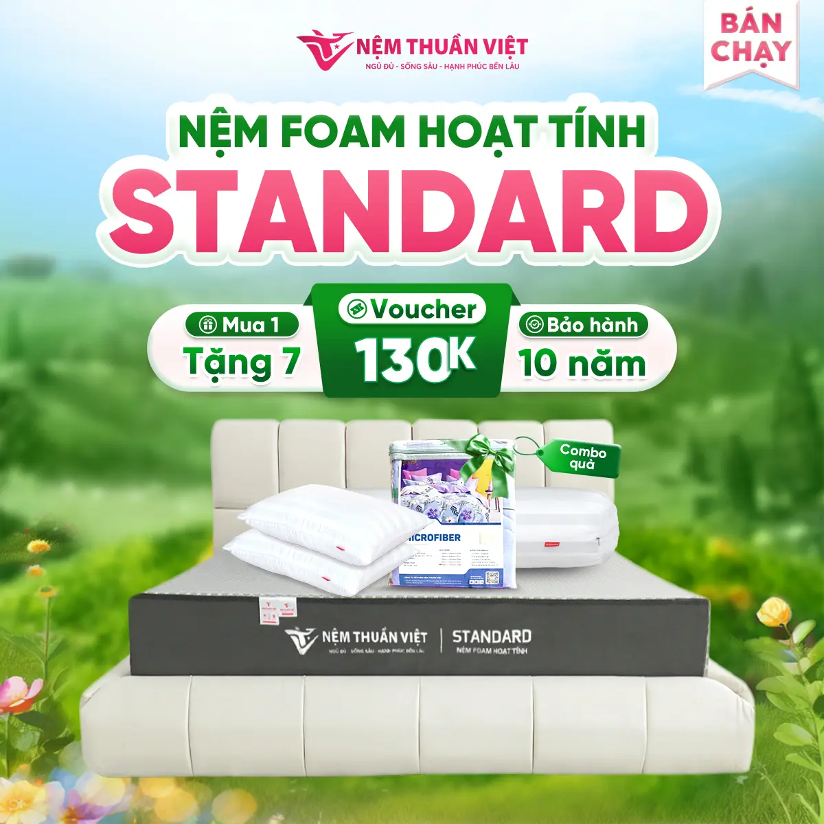 [Mua 1 Tặng 7] - Nệm Foam Hoạt Tính Thuần Việt Standard - Chất Liệu Kháng Khuẩn, Thoáng Khí