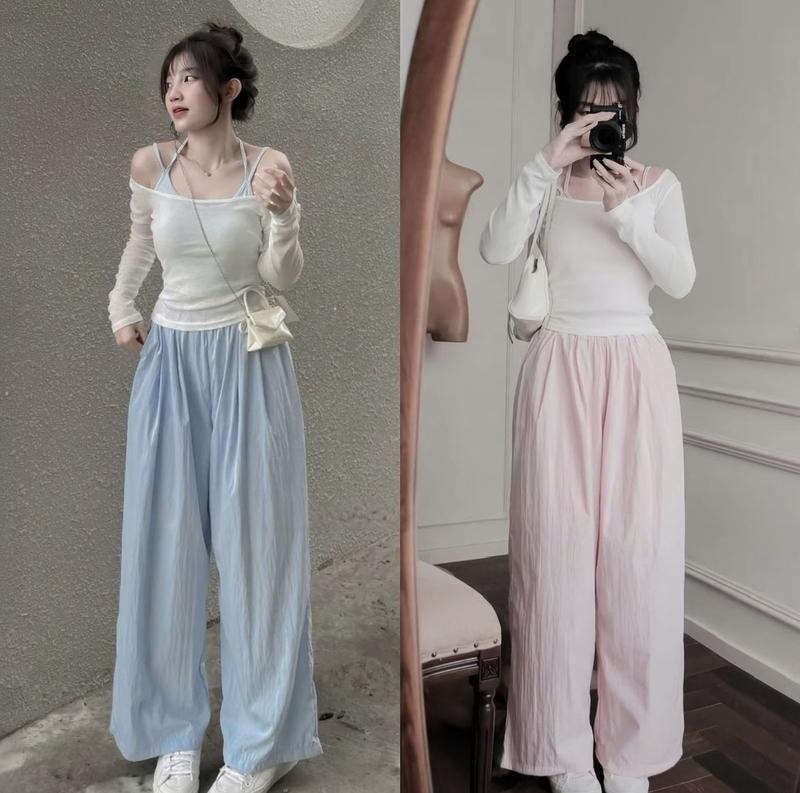 Sét đồ nữ 3 món áo thun giấy tay dài kèm áo lót và quần đũi vân mây suông dài trẻ trung năng động