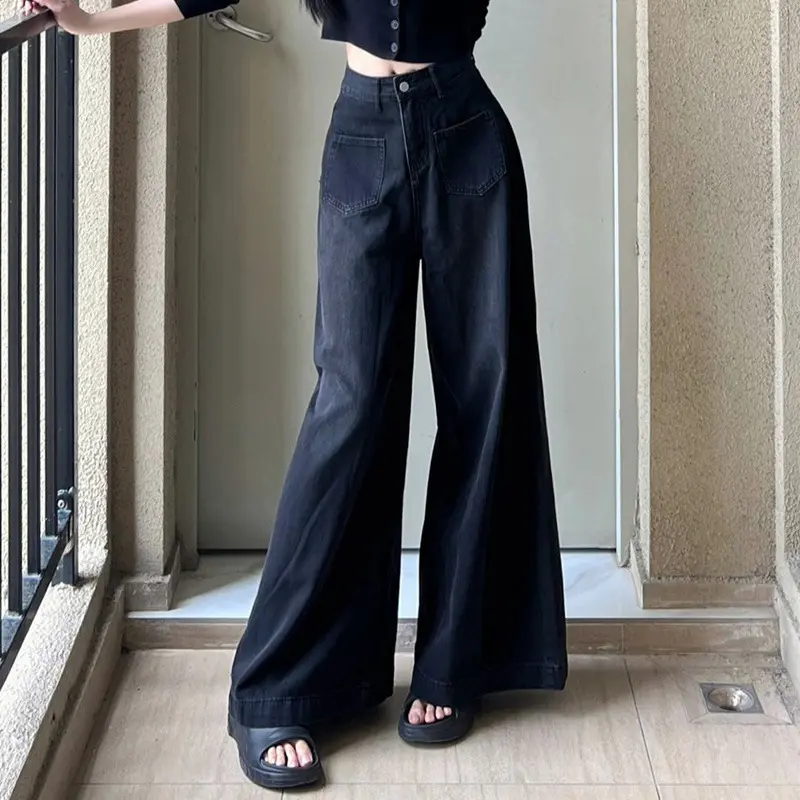 JEANSHIGHWAIST- Celana kulot jeans highwaist retro wanita dua waist kantong depan jins Panjang Cewek dua Denim A-line pants skena premium import baggy outfits fading gombrong straight remaja xl biru vintage lulu chic wide leg ootd cute Casual yoyo Loose 8