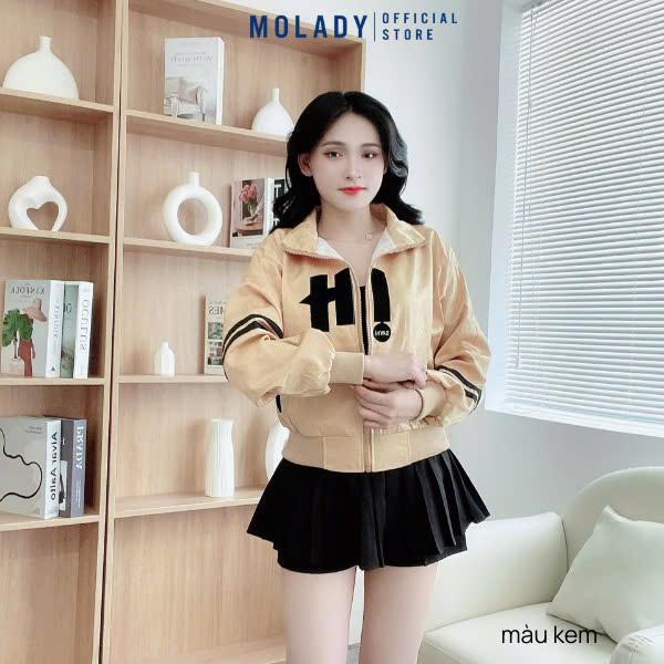 Áo Khoác Lụa Xà Cừ Nữ MOLADY K490 Cổ Bẻ Viền Sọc Tay Thêu Chữ Trước Top Jacket