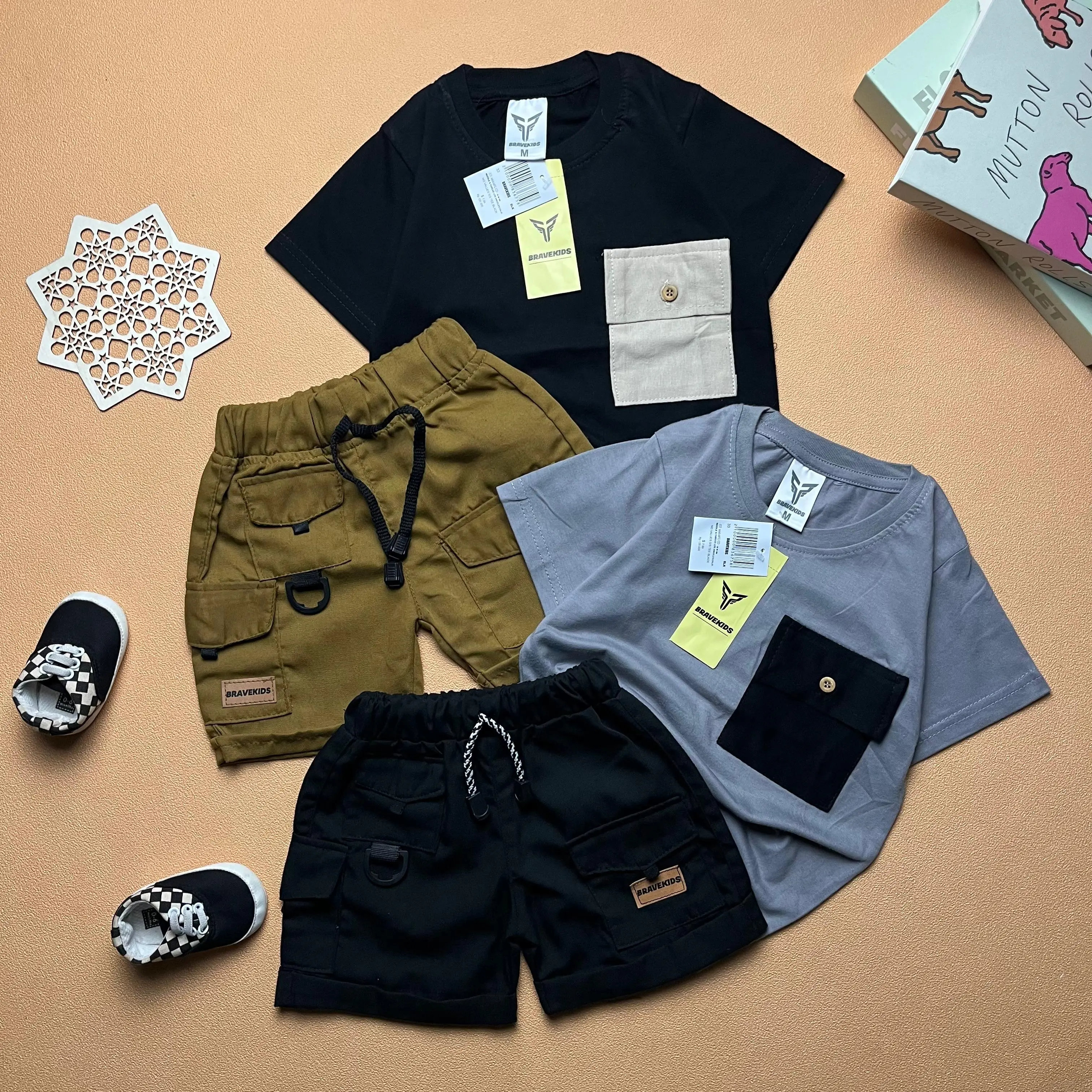 BRAVEKIDS FASHION - CARGO POCKET TEES KATUN 24s SETELAN ANAK UMUR 1-5 TAHUN T SHIRT KAOS DAN CELANA COTTON DRILL KARGO Bayi Parsel