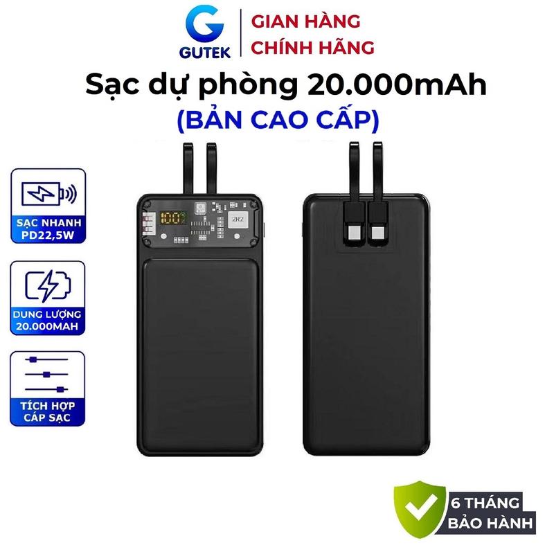 Sạc dự phòng 20000mah sạc nhanh 22,5W dung lượng pin lớn có sẵn dây cho điện thoại - Gutek GT159
