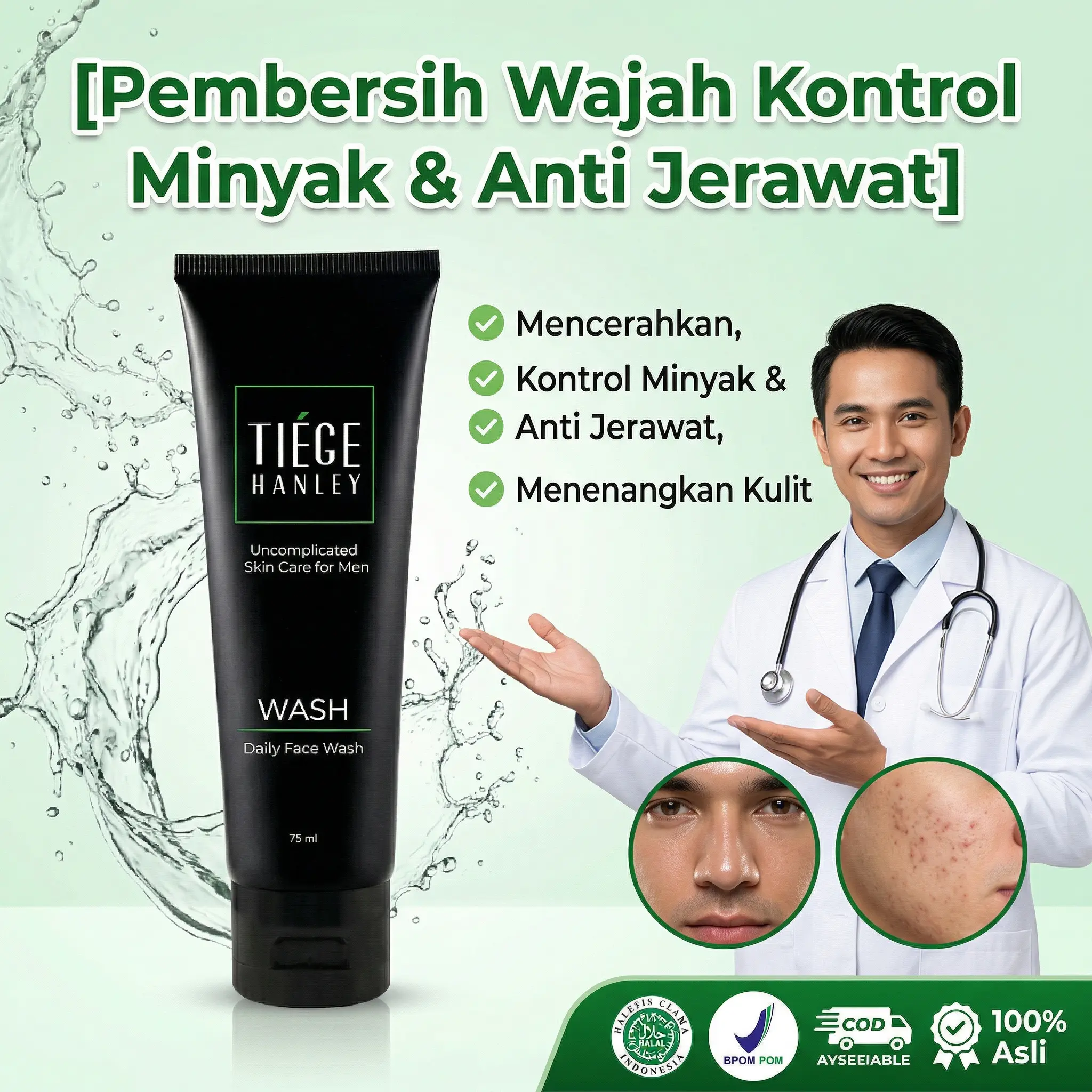 Sabun Cuci Muka Pria Kontrol Minyak, Hilangkan Jerawat & Cerahkan. Formula khusus kulit berminyak & berjerawat, bersih mendalam, cegah jerawat, hilangkan bekas, perkecil pori, lembap tidak kering, hasilkan kulit bersih cerah.