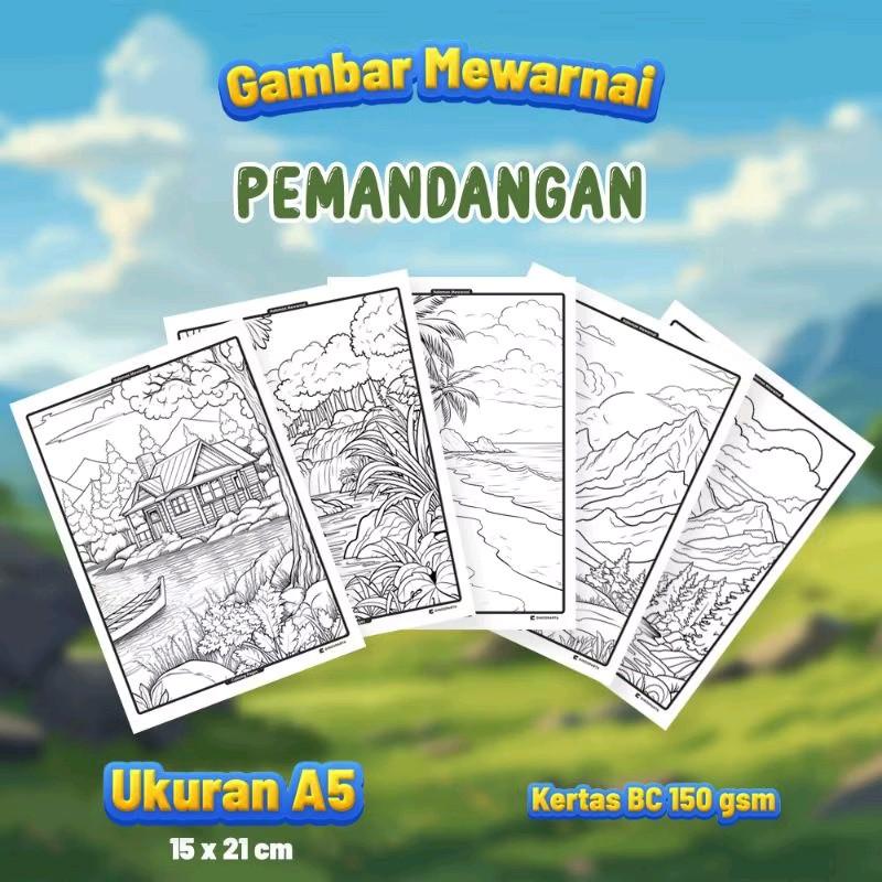 (20 pcs) gambar mewarnai pemandangan, gambar mewarnai anak art toys 0