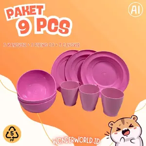 Paket 9 Pcs Mangkok Piring Cangkir untuk makan dan dapur - Kitchenware Alat Plastik set Merah