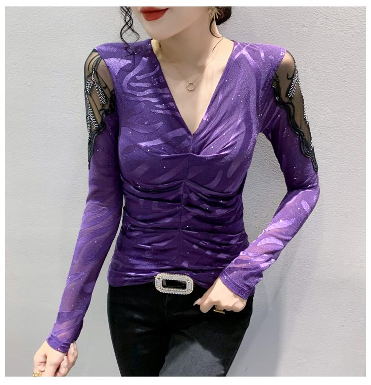 Product Introduction of FCBF-Áo lưới kim cương rỗng thời trang mới gợi cảm cổ chữ V dài tay quần lót thời trang nữ thu đông Top Voi Shirt Kem Women 10