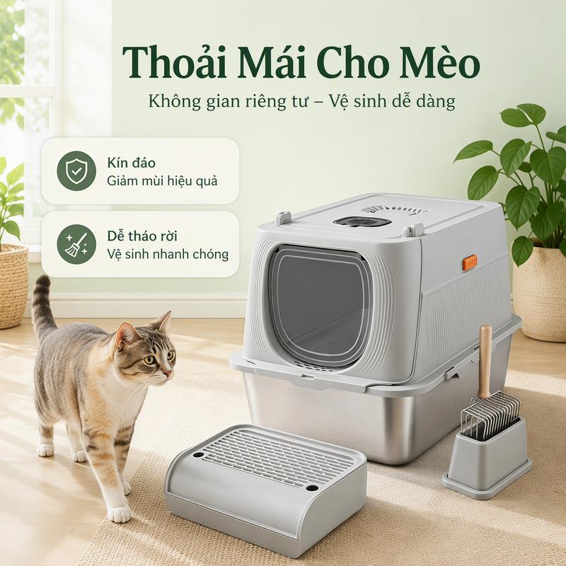 Thùng Vệ Sinh Mèo / Nhà Vệ Sinh Cho Mèo / Khay Cát Mèo Inox Dạng Kín Màu Xám…