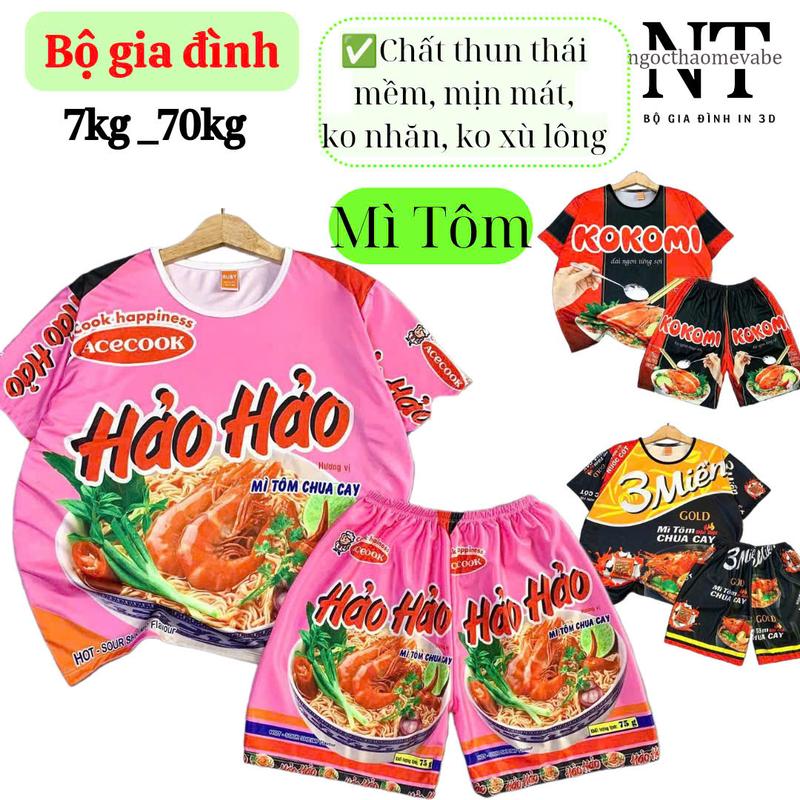  Ngocthaomevabe Đồ bộ MÌ TÔM áo cộc tay quần đùi chất thun thái in 3D mẫu Mì Tôm vải mềm mịn mát không nhăn xù lông phai màu mặc cặp mẹ và bé từ 7kg đến 70kg 