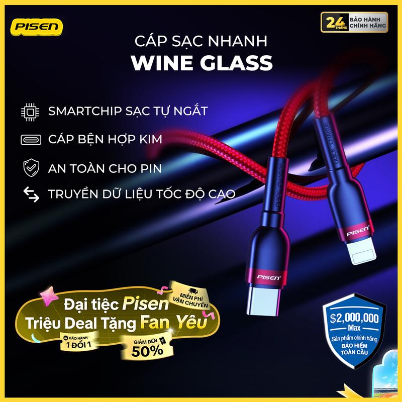 [PISEN] Cáp Sạc Nhanh Lightning 20W | Bền Bỉ, Chống Rối, Chịu Lực, Tản Nhiệt, Nhỏ Gọn, Bảo Vệ Máy, Tương Thích Iphone 8, X, 11, 12, 13, 14 | PISEN Quick Lightning - Wine Glass PD | XD-CLPD05-1000 | Bảo Hành 24 Tháng | Bảo Hiểm 2 Triệu Đô Toàn Cầu