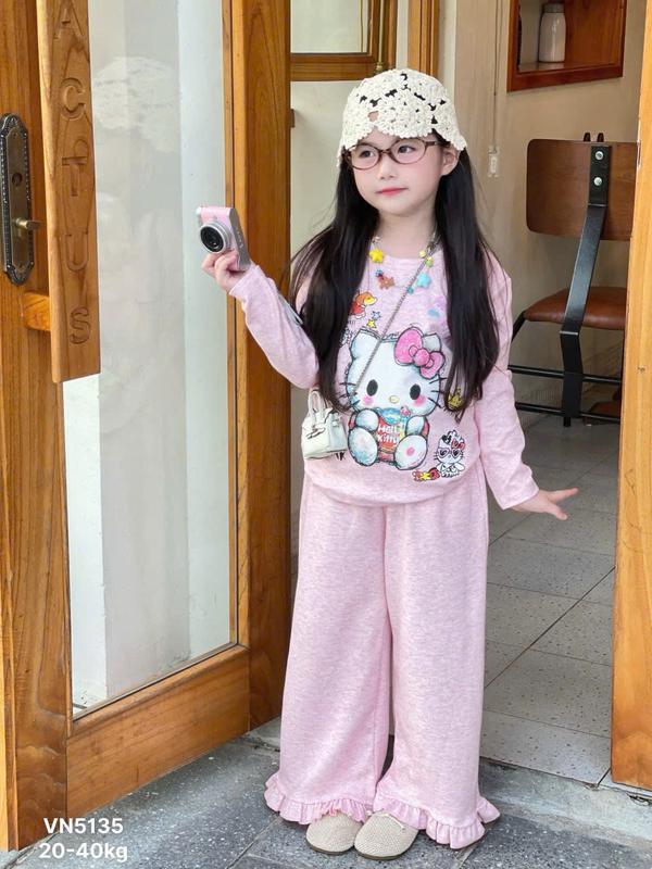 Sét Bộ Quần Áo Len Tăm Thỏ Co Giãn 4 chiều In Hình Hello Kitty Dành Cho Bé Gái Size 13-44kg ,Có Thể Giặt Máy XMAV 1