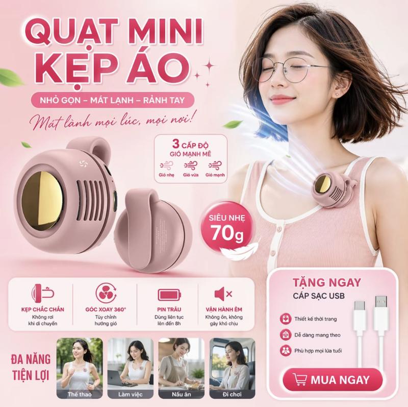 Quạt mini không cánh chạy điện sạc USB, hoạt động yên tĩnh, có thể kẹp/gắn